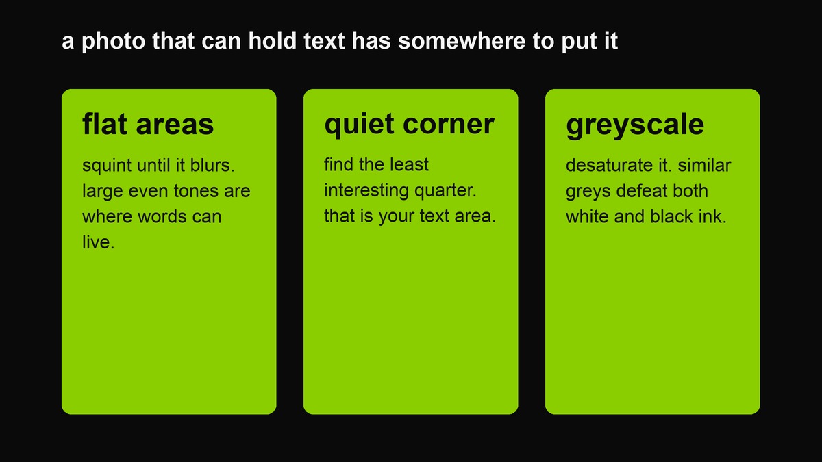 Three cards: flat areas, low edge density, one quiet region
