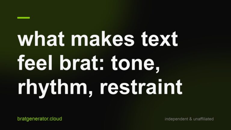 Dark title card with a soft green glow: what makes text feel brat, tone rhythm restraint, in white lowercase type with a lime rule