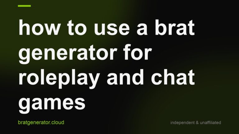 Dark title card with a soft green glow: how to use a brat generator for roleplay and chat games, in white lowercase type with a lime rule