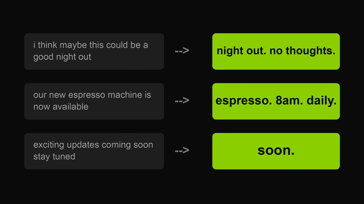 Three pairs of cards showing ordinary hedged sentences rewritten as short lowercase brat poster lines