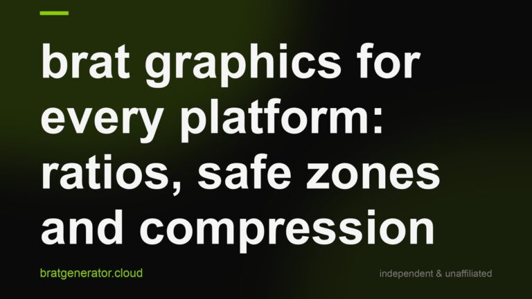 Dark title card with a soft green glow: brat graphics for every platform, ratios, safe zones and compression, in white lowercase type with a lime rule