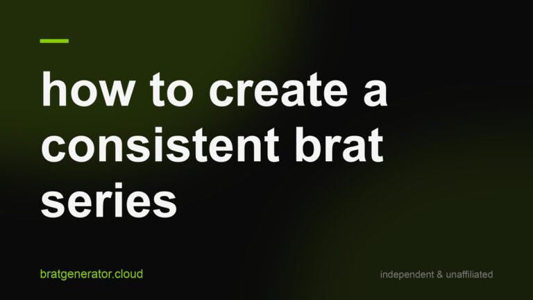 Dark title card with a soft green glow: how to create a consistent brat series, in white lowercase type with a lime rule