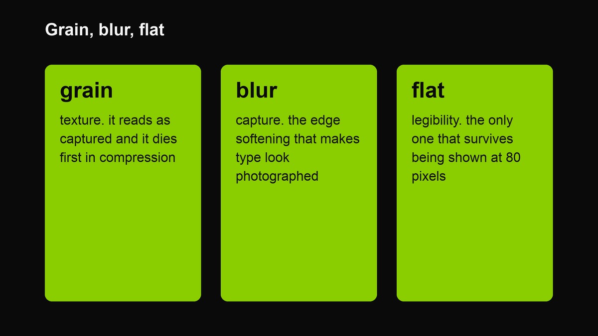 Three cards comparing grain, blur and flat - what each one actually contributes