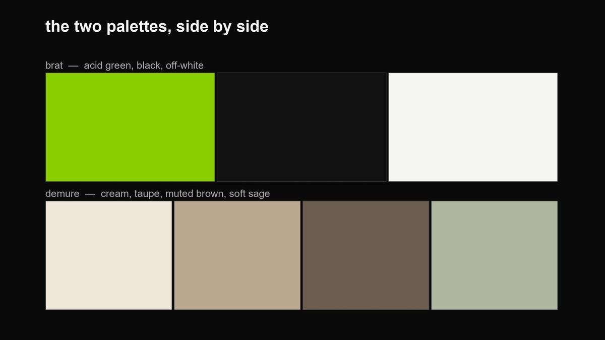 Two palette strips: brat in acid green, black and off-white; demure in cream, taupe, muted brown and soft sage